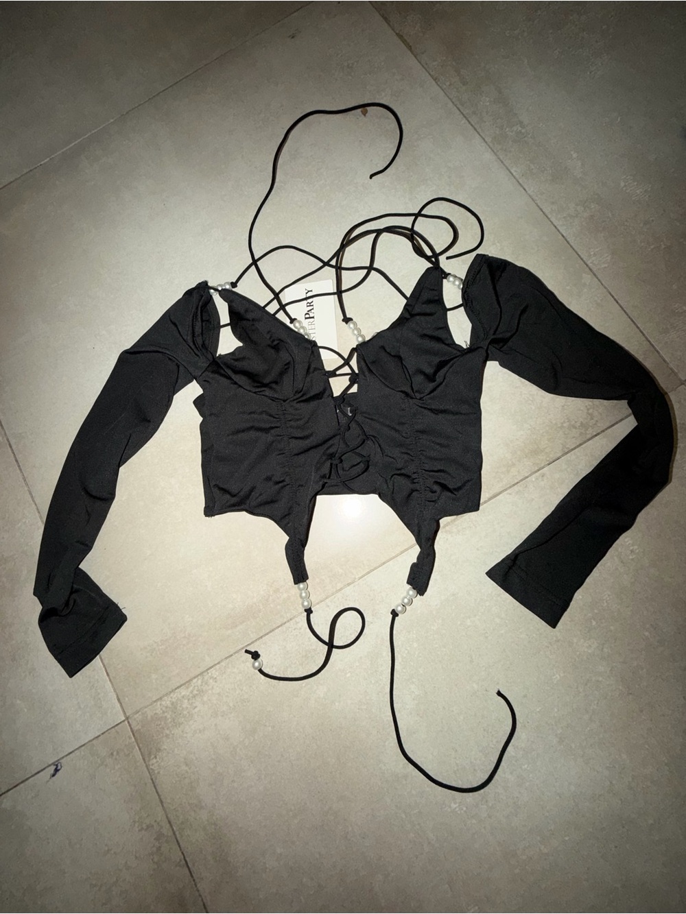 Black Lace-Up Off-Shoulder Long Sleeve Crop Top